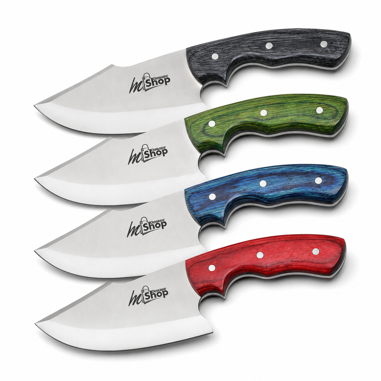 Buy a 6.5″ skinner knife in 12C27 stainless steel with a color wood handle. Full flat grind, razor-sharp, built for hunting & skinning. Order at Mughal Cutlery.
