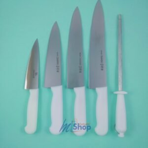 Buy a 5-piece imported white handle knife set with sharpening rod. Stain-free, razor-sharp, multipurpose for kitchen & Qurbani Eid ul Adha. Order at Mughal Cutlery. mughalcutlery.com