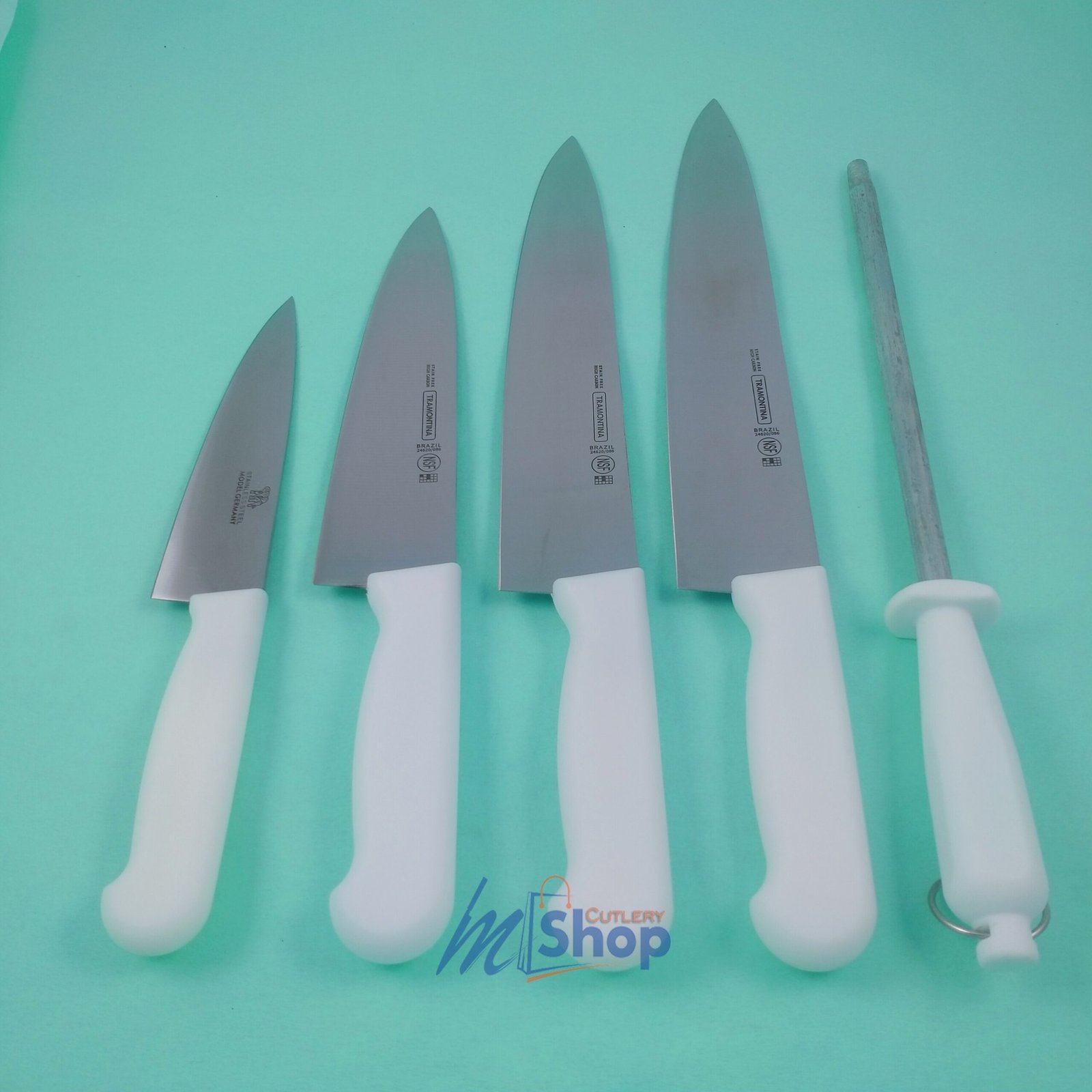 Buy a 5-piece imported white handle knife set with sharpening rod. Stain-free, razor-sharp, multipurpose for kitchen & Qurbani Eid ul Adha. Order at Mughal Cutlery. mughalcutlery.com