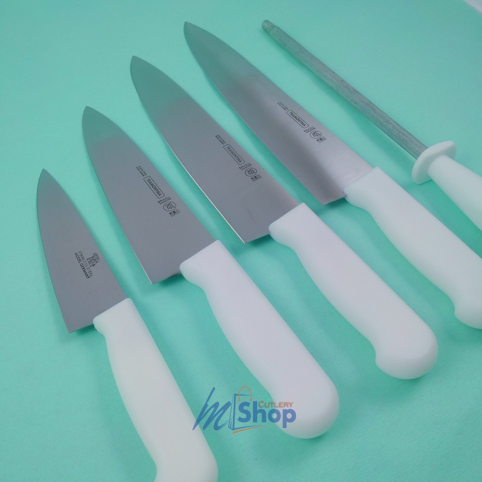 Buy a 5-piece imported white handle knife set with sharpening rod. Stain-free, razor-sharp, multipurpose for kitchen & Qurbani Eid ul Adha. Order at Mughal Cutlery. mughalcutlery.com