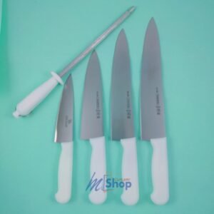 Buy a 5-piece imported white handle knife set with sharpening rod. Stain-free, razor-sharp, multipurpose for kitchen & Qurbani Eid ul Adha. Order at Mughal Cutlery.