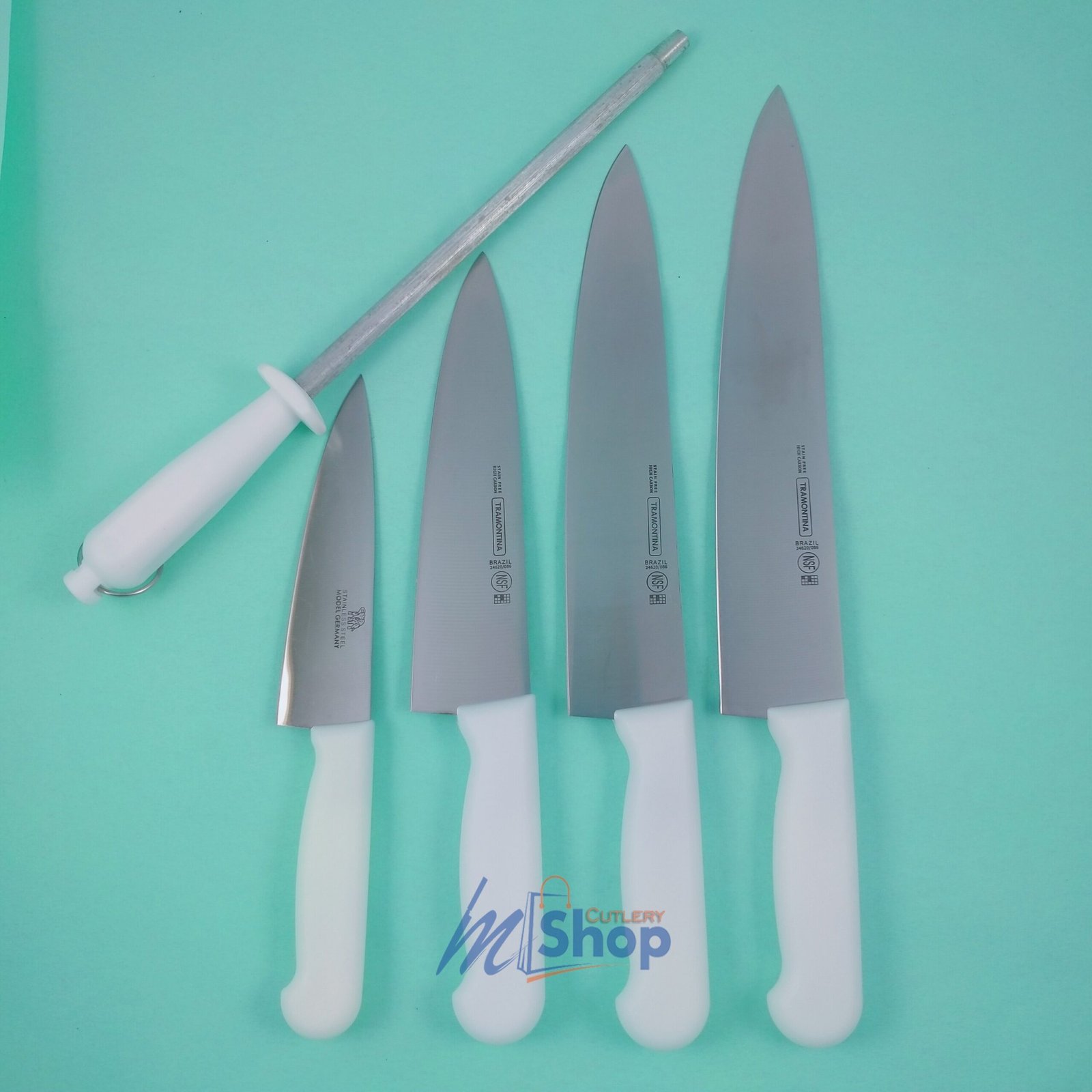 Buy a 5-piece imported white handle knife set with sharpening rod. Stain-free, razor-sharp, multipurpose for kitchen & Qurbani Eid ul Adha. Order at Mughal Cutlery.