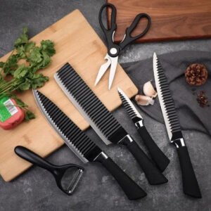 6 Pcs Non Stick Kitchen Knife Set – Super Sharp High Carbon Steel Knives with Scissors
