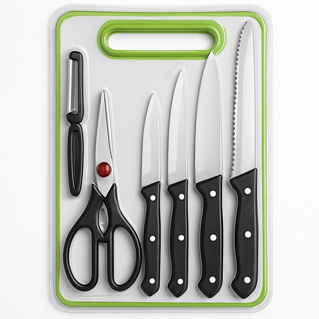 6 in 1 Stainless Steel Knives Set– For meat, bread, fruits, and vegetables | Kitchen Knife Set with Scissors, Peeler & Cutting Board – All-in-One Cooking Essentials with Ergonomic Handles & Sharp Stainless Steel Blades